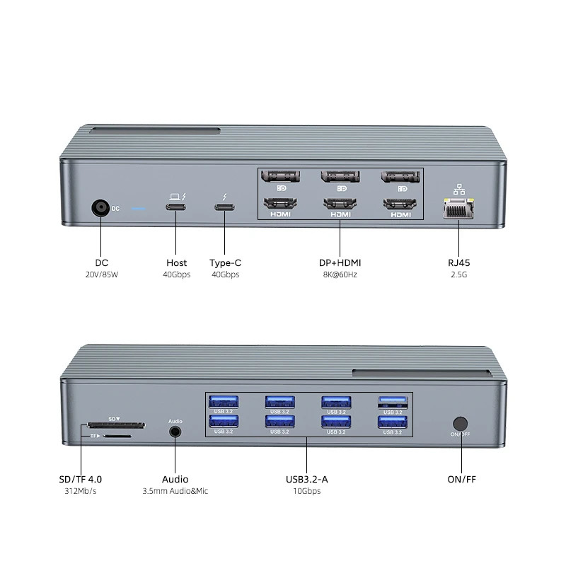 USB C Docking Station Thunderbolt 3 4 Type C 8 USB-poorten 2,5 Gigabit Ethernet Macbook
