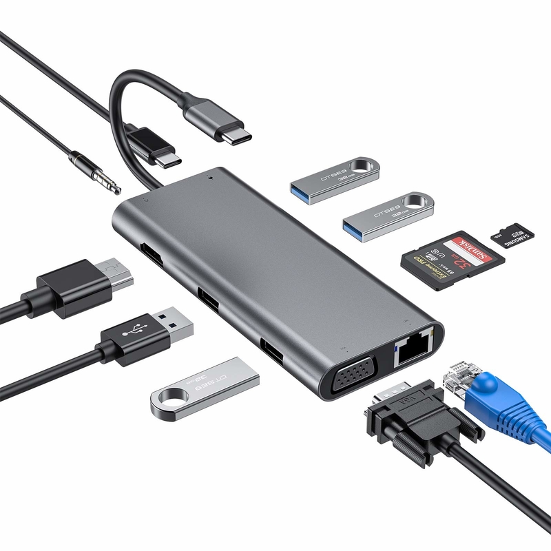 11 in 1 Type-C Hub Multiport Dock Station met USB3.0 PD SD/TF 4K HDMI VGA RJ45 Adapter