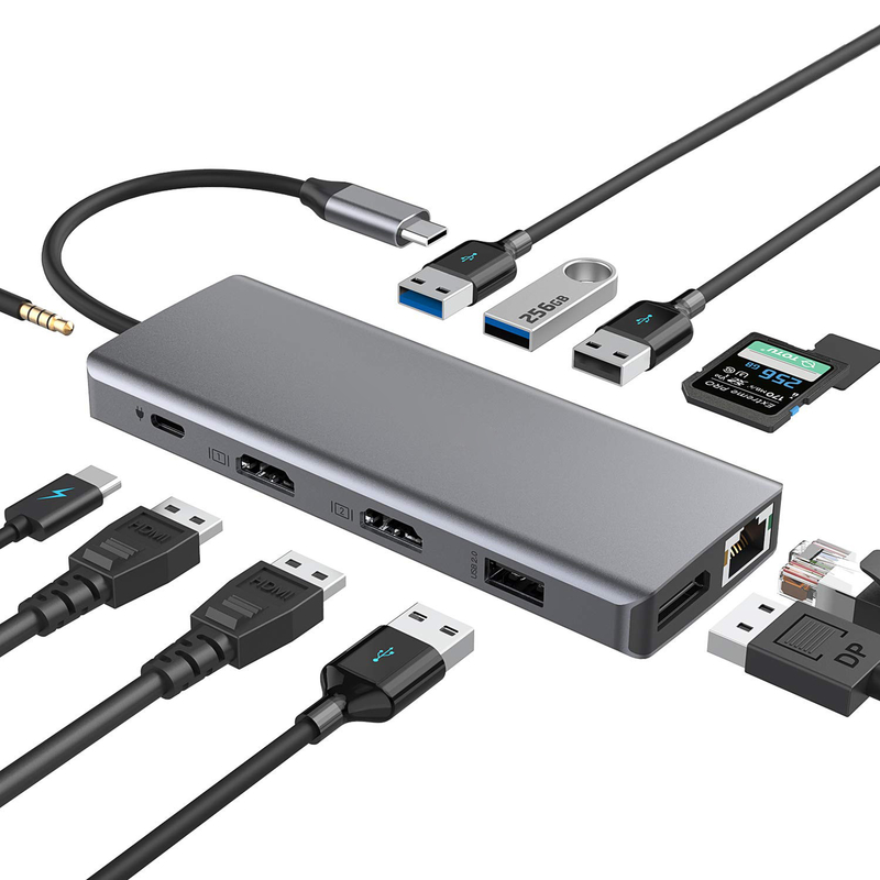 Zilveren draagbare USB-C-hub multiport adapter met HDMI 3,5 mm audio jack voor MacBook Pro