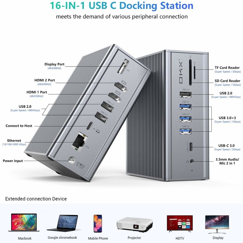 16 in 1 dockingstation voor laptop usb c adapter Grijz 10Gbps Data Transfer Rate Displaylink-poort