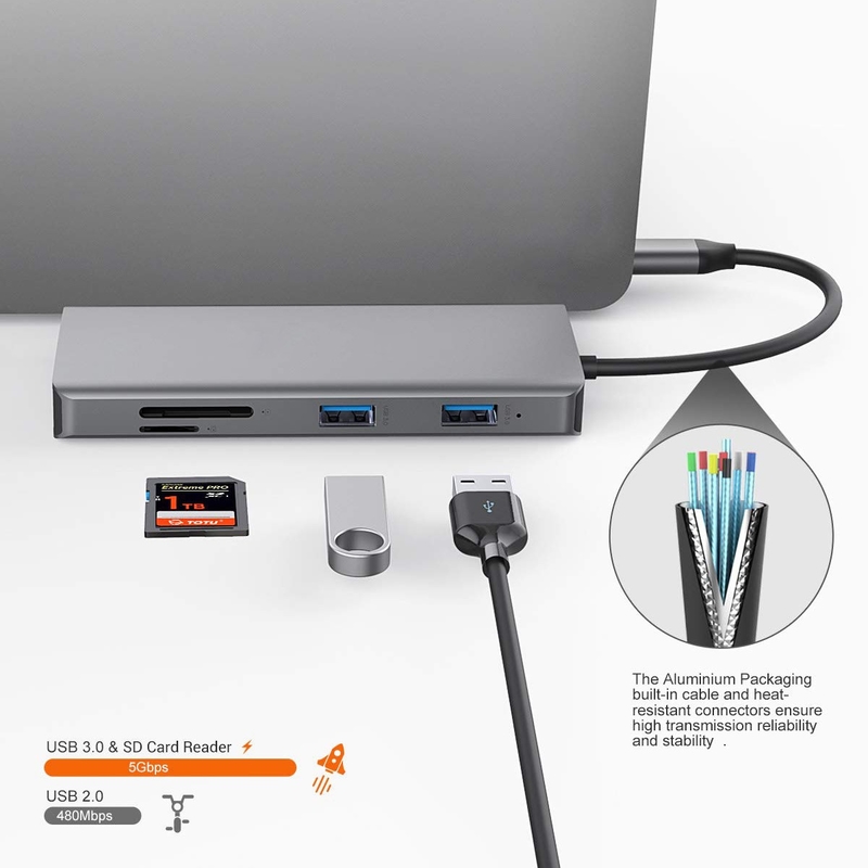 11 in 1 aluminium Zilveren USB C Hub met 3,5 mm Audio Jack SD Card Reader voor Mac laptop
