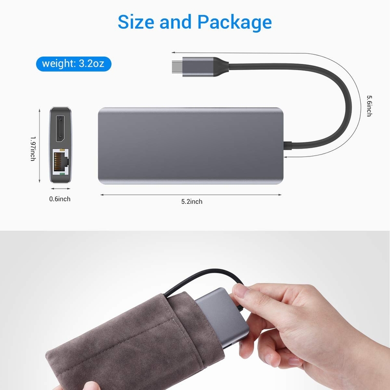 Zilveren draagbare USB-C-hub multiport adapter met HDMI 3,5 mm audio jack voor MacBook Pro