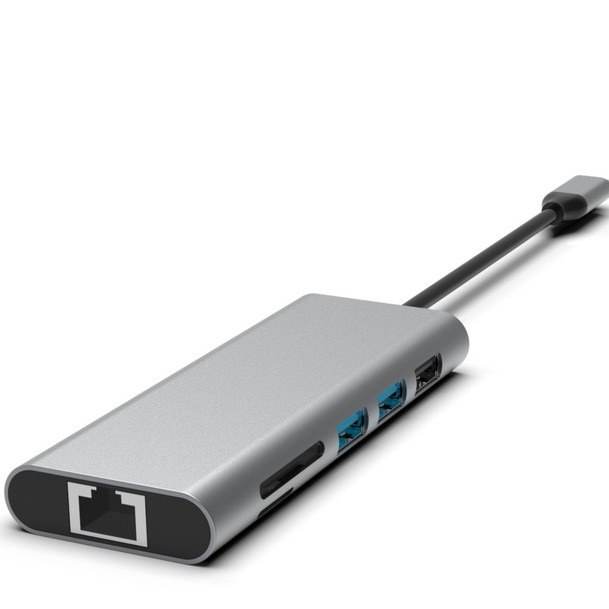 Zilveren 10-in-1 USB-C Hub met HDMI USB 3.0 Ethernet 3.5mm Audio Jack voor PC en laptop