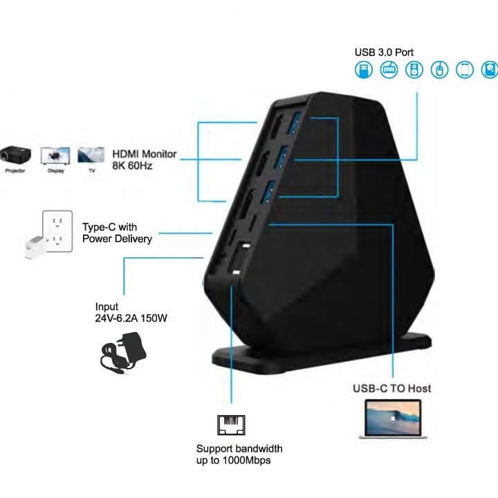 Desktop oplaadstation USB-C Docking station Gigabit Ethernet Stabiel bedraad verbinding tot 1 Gbps