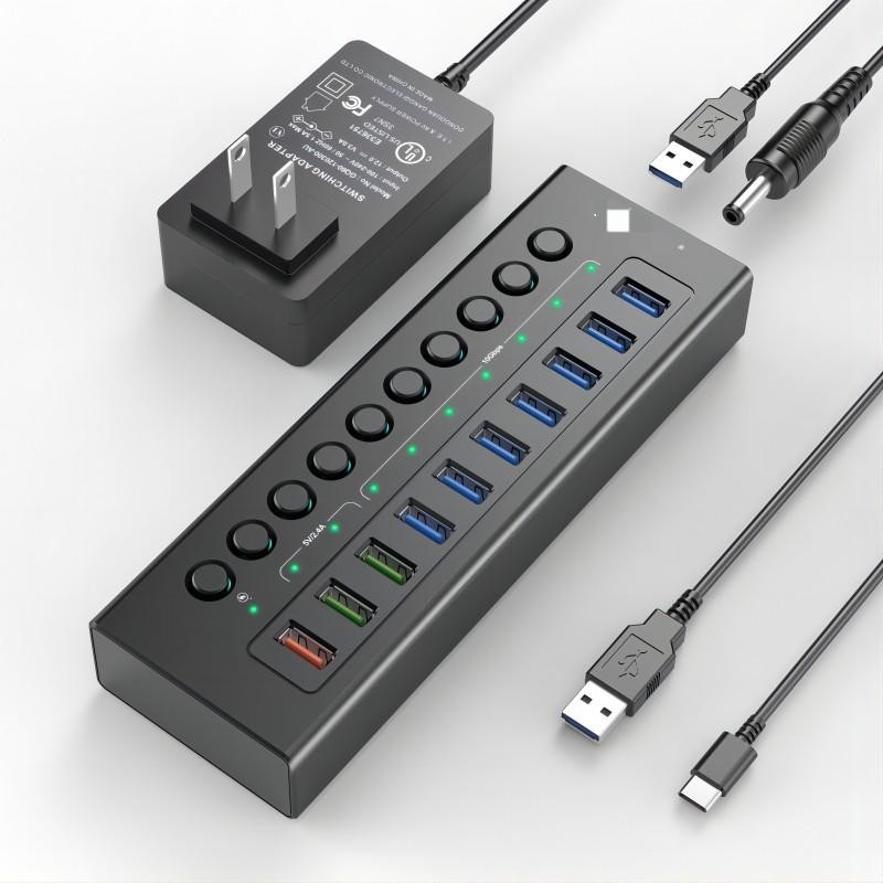 Multi-Port Hub USB C 3.0 Docking Station Laptop Splitter Eén Smart Charging Port Individuele aan/uit schakelaars