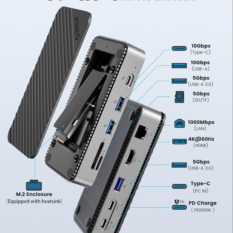 USB C Displaylink Docking Station met 10 Gbps USB 3.2 Gen2 M.2 NVMe/SATA SSD Reader