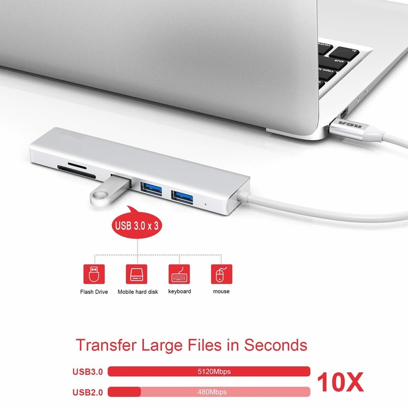 6 poorten USB-C Hub Splitter USB-C Expander Draagbare USB Adapter Multiport Data Hub