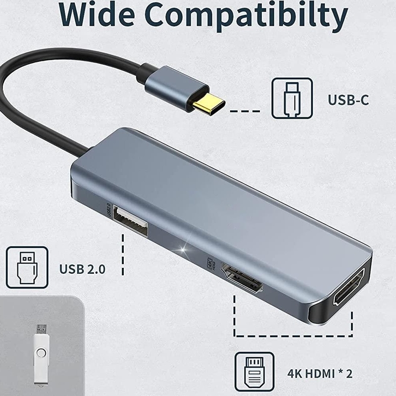Dual HDMI USB C Dock Hub Aluminium USB C Adapter Monitor 3 In 1 Dongle Met 4K HDMI
