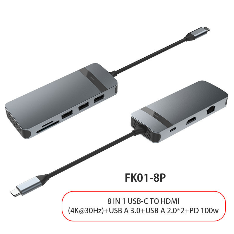 8 in 1 USB C-hubadapter Dongle 4K HDMI VGA Type C PD USB3.0 RJ45 Ethernet SD/TF