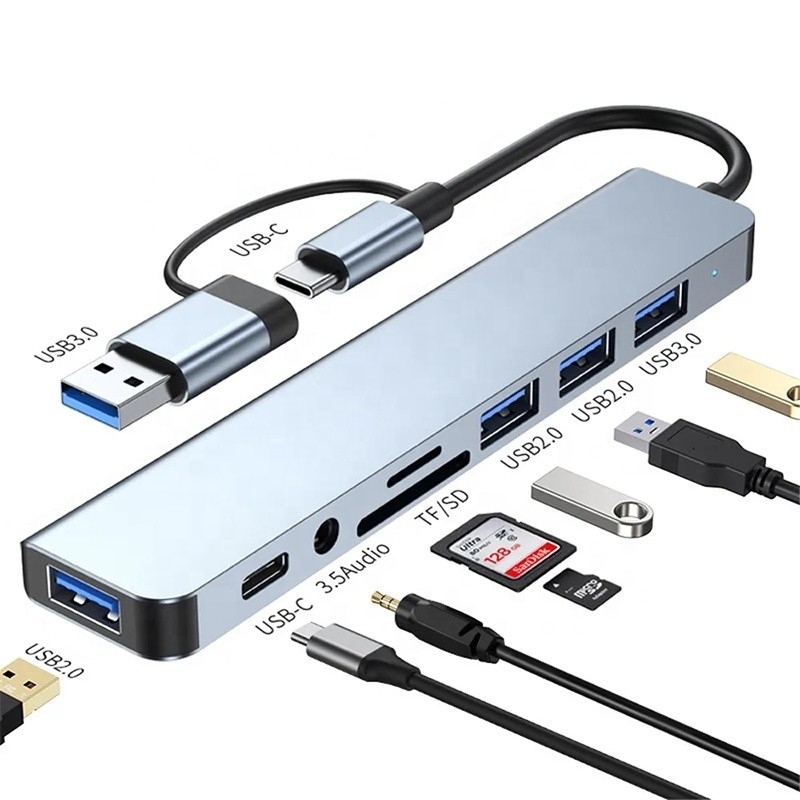 8-in-1 USB 3.0 Hub 3*USB 2.0 3.5mm Audio SD/TF Card Reader Output voor gegevensoverdracht en opladen