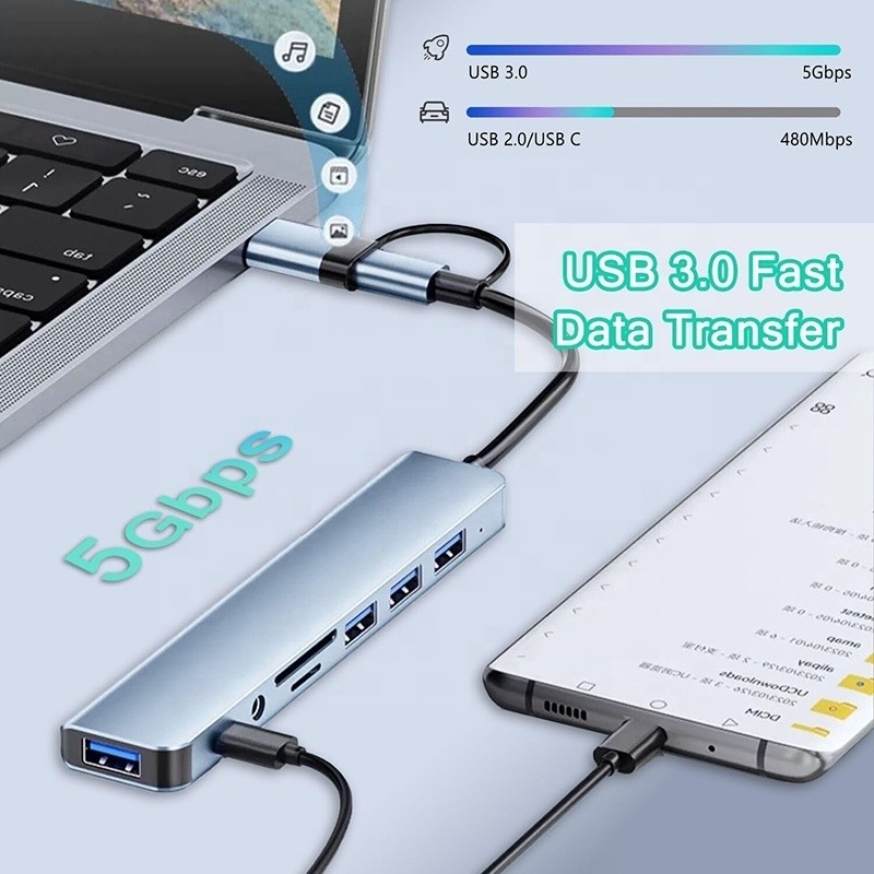 8-in-1 USB 3.0 Hub 3*USB 2.0 3.5mm Audio SD/TF Card Reader Output voor gegevensoverdracht en opladen