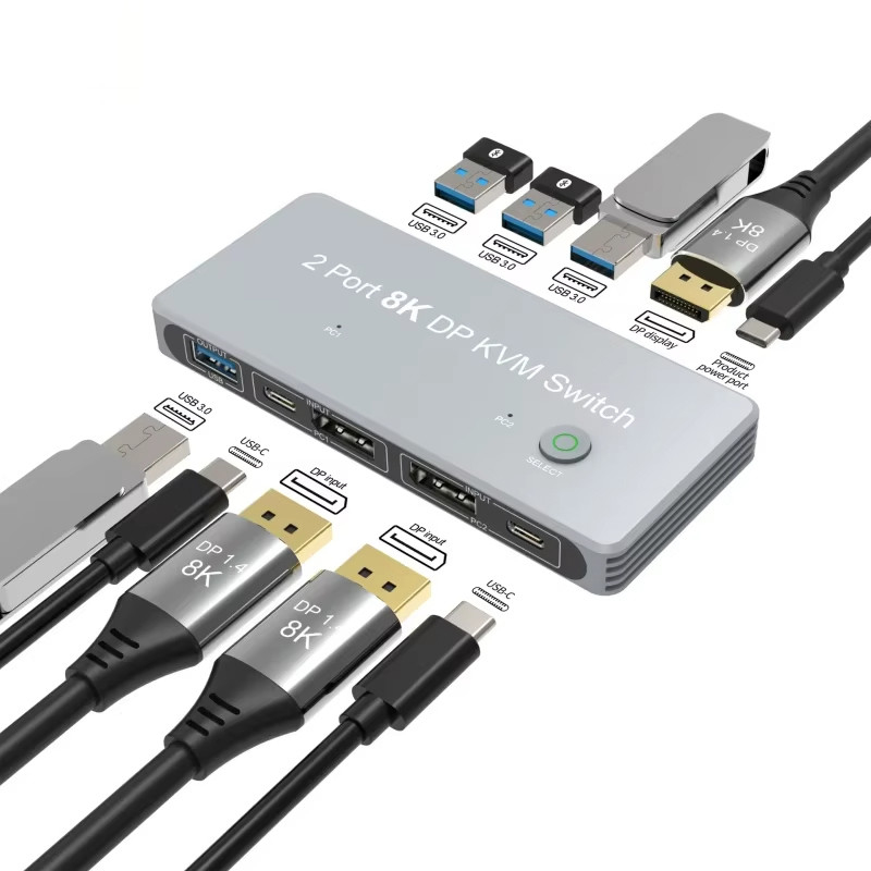 2-poort Displayport en USB KVM Switch 4K 144Hz 8K 60Hz 1.4 met 1.4 DP USB-interface