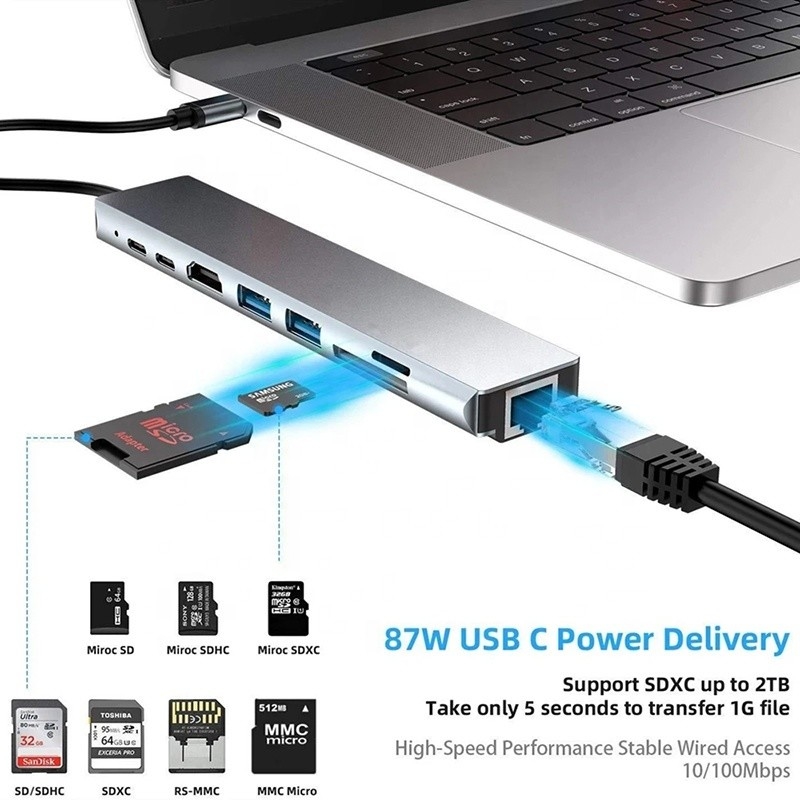 Veelzijdige 8-in-1 USB Type C Hub Multiport Adapter voor multitasking en gegevensoverdracht