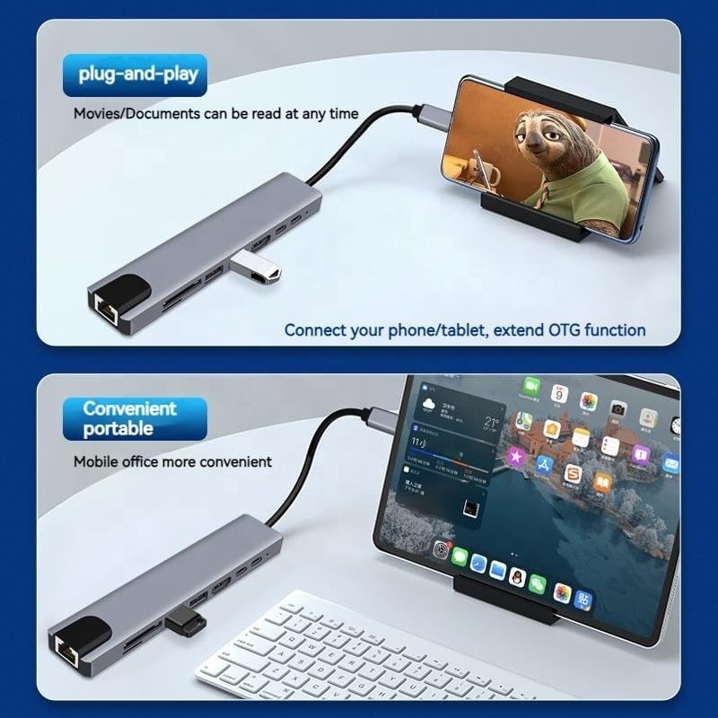 Veelzijdige 8-in-1 USB Type C Hub Multiport Adapter voor multitasking en gegevensoverdracht