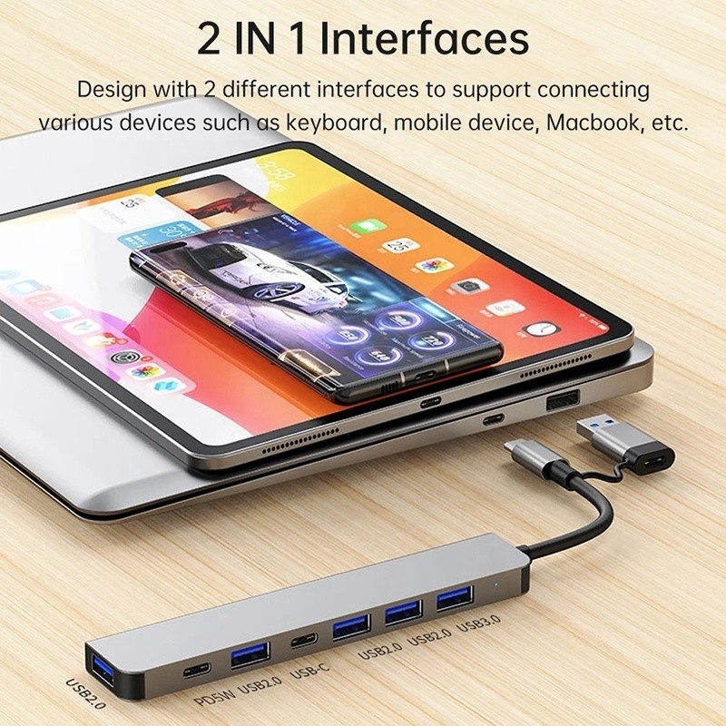 Aluminiumlegering 7 in 1 USB-splitter voor laptop desktop pc aanvaardbaar OEM/ODM