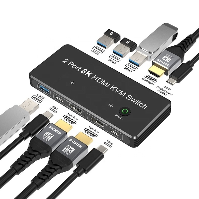 2 poorten HDMI 2.1 KVM-switch met USB 3.0 2 Input 1 Output LED-indicatoren Vrouw-Vrouw