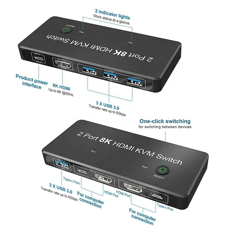 2 poorten HDMI 2.1 KVM-switch met USB 3.0 2 Input 1 Output LED-indicatoren Vrouw-Vrouw