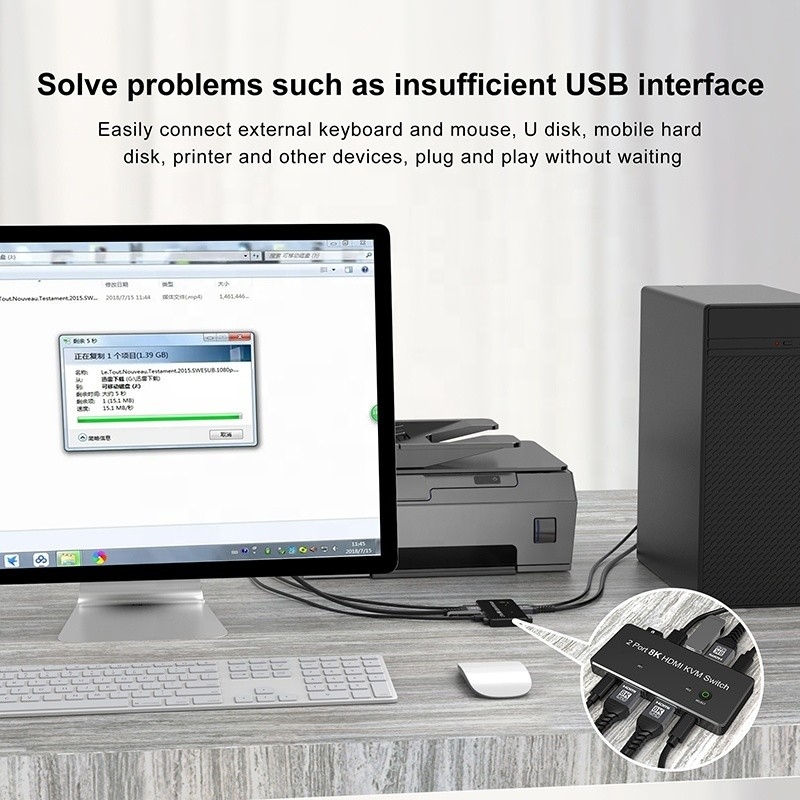 2 poorten HDMI 2.1 KVM-switch met USB 3.0 2 Input 1 Output LED-indicatoren Vrouw-Vrouw