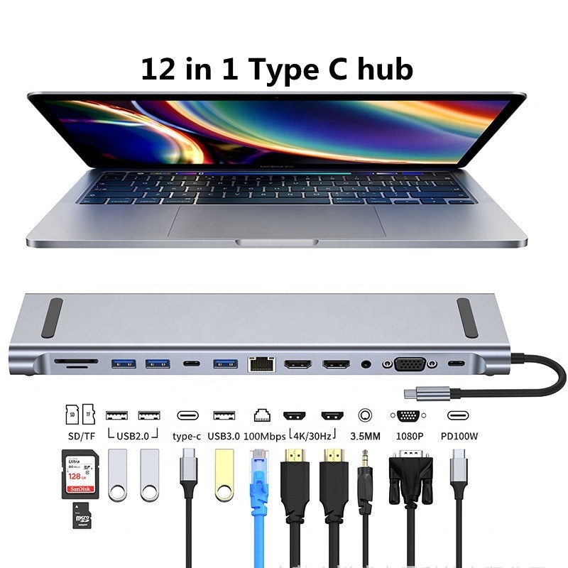12 in 1 USB-C Type-C Docking Station voor het opladen van gegevensoverdracht en luidsprekerfunctie