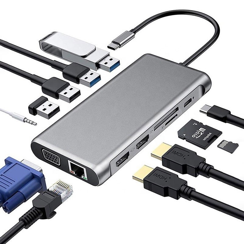 12-in-1 USB Type-C dockingstation HDMI 1080P 60Hz 2*HDMI VGA RJ45 4*USB Audio SD/TF PD