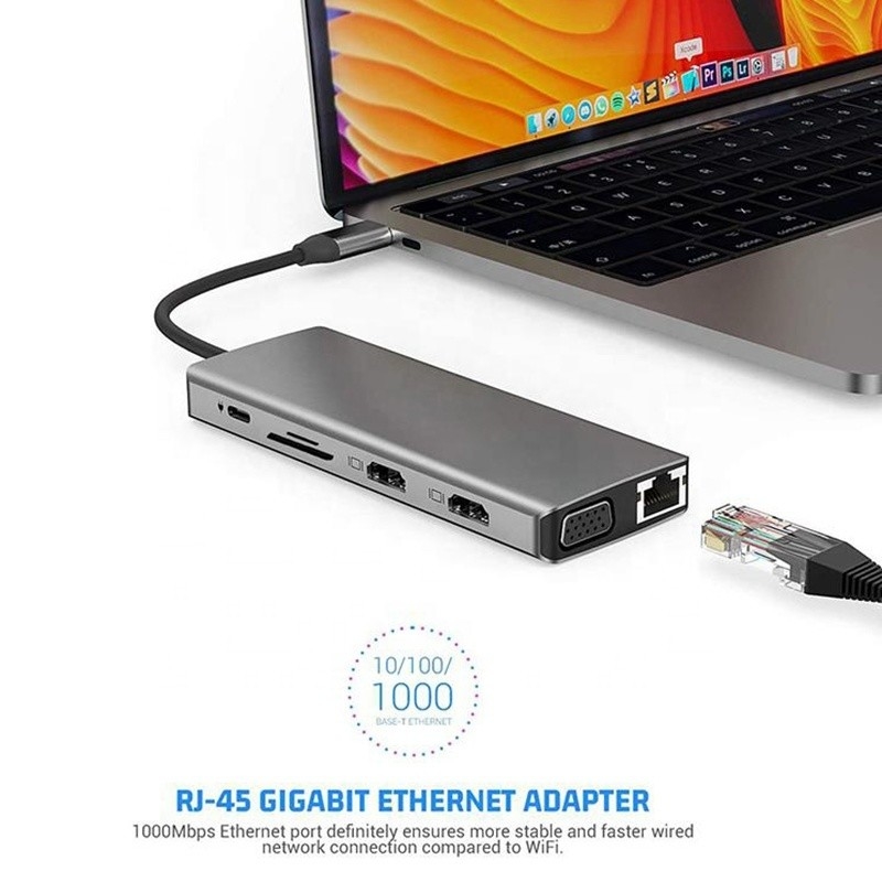 12-in-1 USB Type-C dockingstation HDMI 1080P 60Hz 2*HDMI VGA RJ45 4*USB Audio SD/TF PD