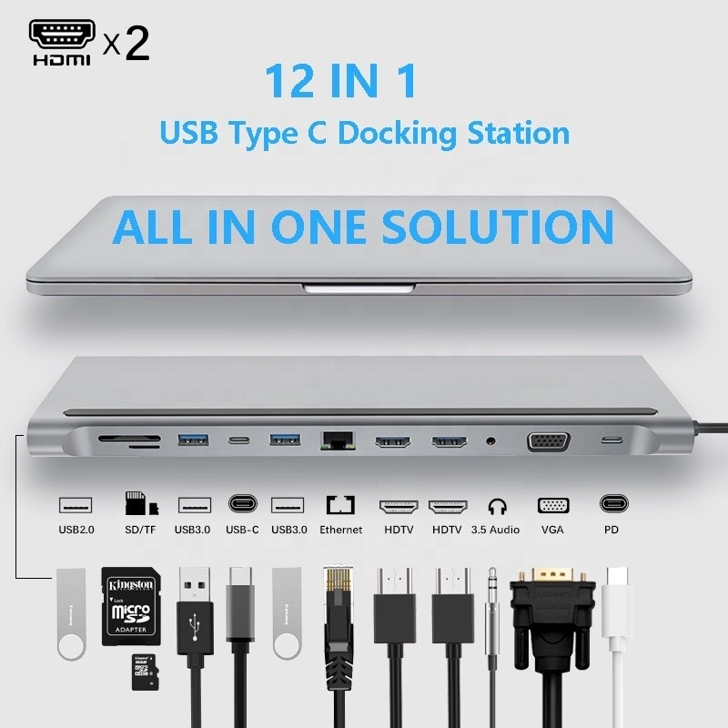 Verbeterde connectiviteit 12 in 1 USB C Type-C Hub Multiport Dock Station Met Dual HDMI