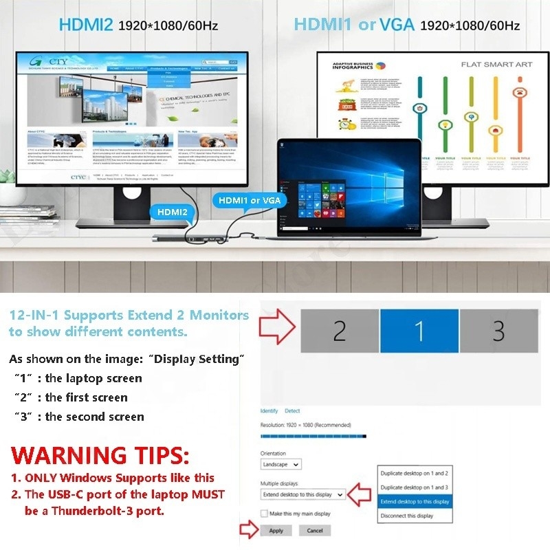 Verbeterde connectiviteit 12 in 1 USB C Type-C Hub Multiport Dock Station Met Dual HDMI