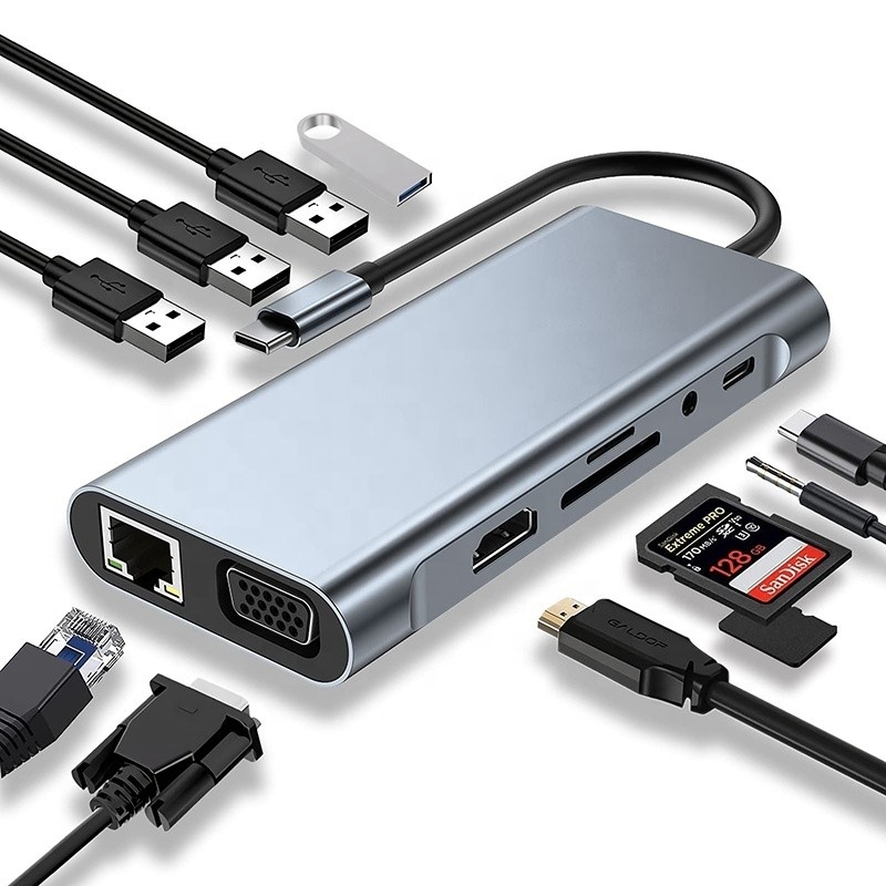 Multifunctionele USB C Hub Dock met Gigabit RJ45 Ethernet TF SD Card Reader HDMI VGA USB 3.0