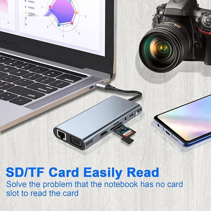 Multifunctionele USB C Hub Dock met Gigabit RJ45 Ethernet TF SD Card Reader HDMI VGA USB 3.0