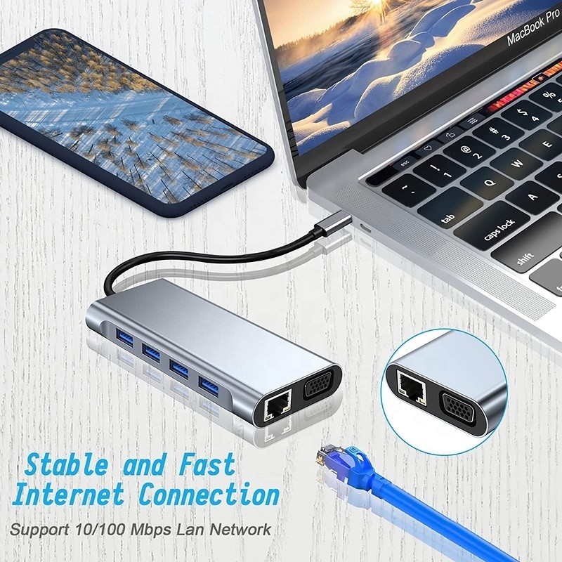 Multifunctionele USB C Hub Dock met Gigabit RJ45 Ethernet TF SD Card Reader HDMI VGA USB 3.0