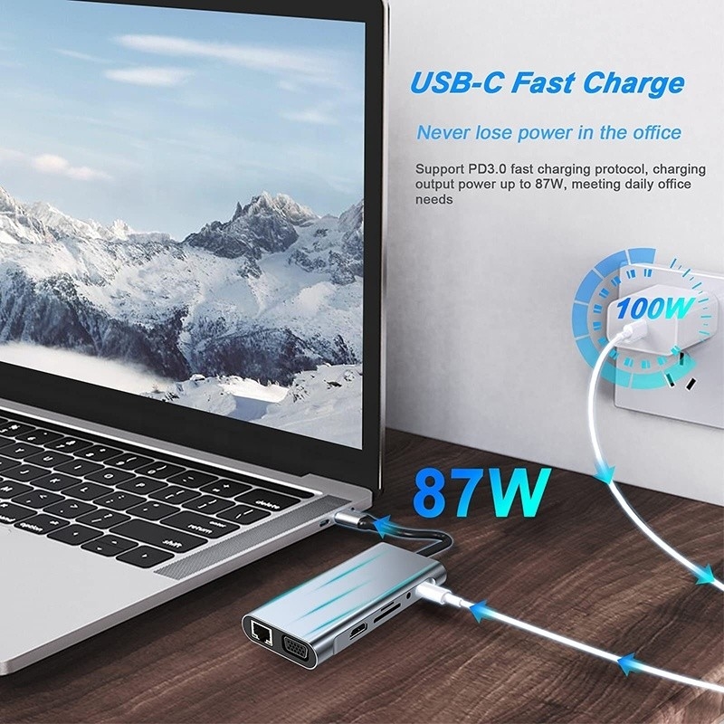 Multifunctionele USB C Hub Dock met Gigabit RJ45 Ethernet TF SD Card Reader HDMI VGA USB 3.0