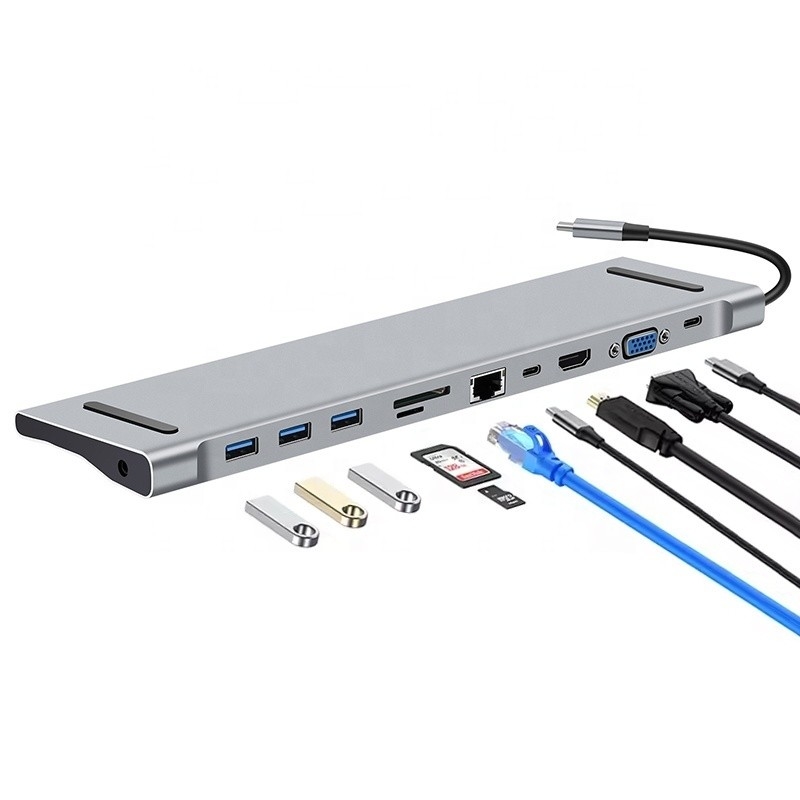 11 In 1 USB C Type C Docking Station met VGA Ethernet 3,5 mm Audio TF/SD Card Reader