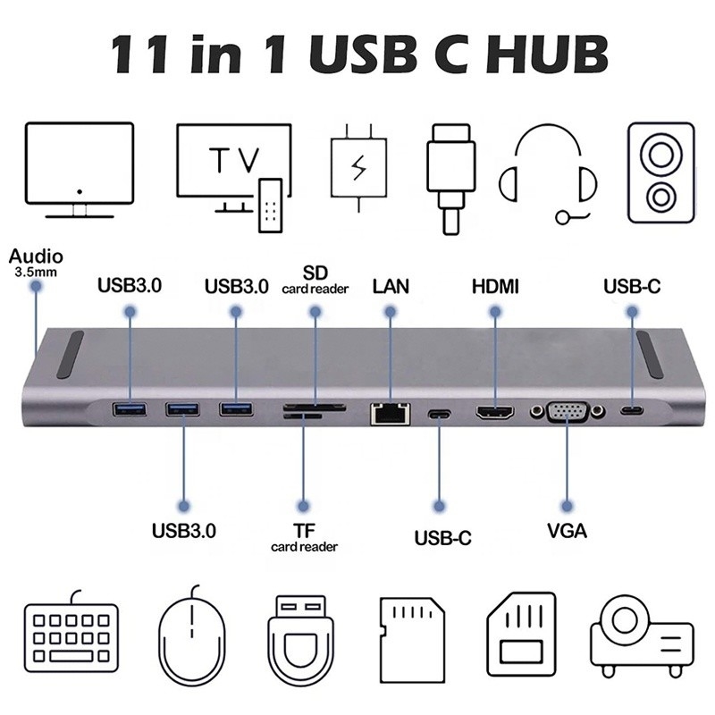 11 In 1 USB C Type C Docking Station met VGA Ethernet 3,5 mm Audio TF/SD Card Reader
