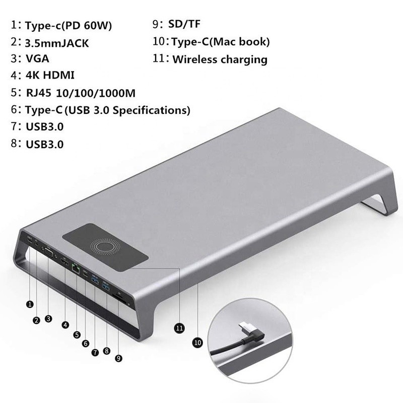 TYPE-C Man 11 In 1 Hub Computer Laptop Docking Station Adapter met 1000Mbps RJ45 en USB-C PD