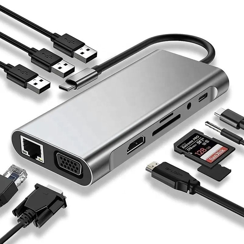 USB C Hub Type-C naar USB 3.0 HDMI VGA RJ45 Lan SD TF Audio USB Grey Multiport Adapter