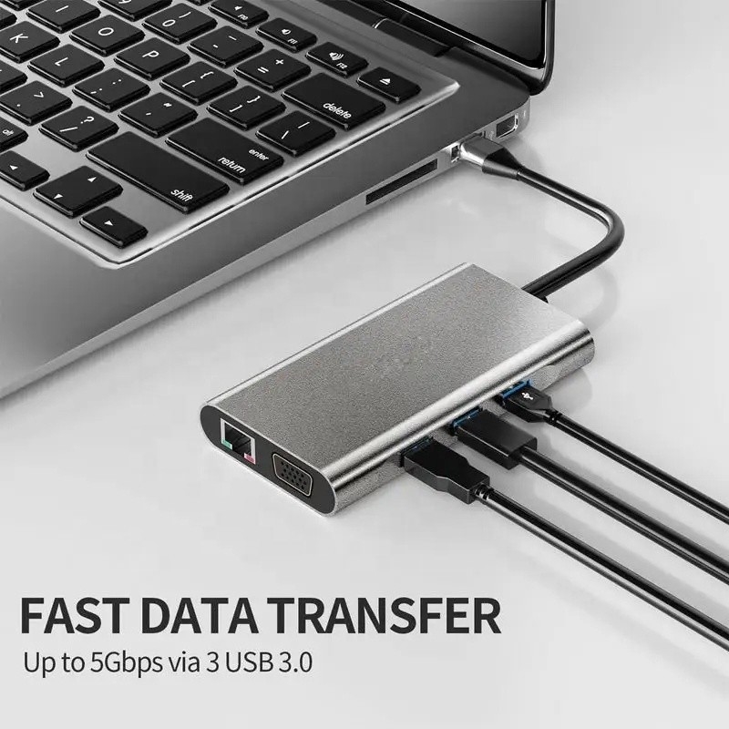 USB C Hub Type-C naar USB 3.0 HDMI VGA RJ45 Lan SD TF Audio USB Grey Multiport Adapter