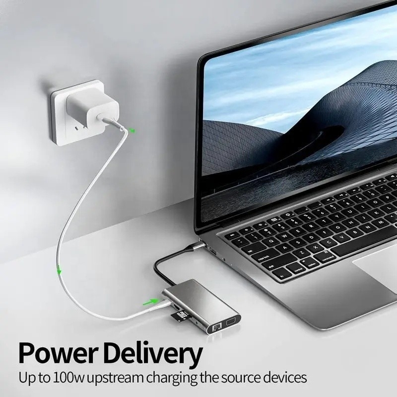 USB C Hub Type-C naar USB 3.0 HDMI VGA RJ45 Lan SD TF Audio USB Grey Multiport Adapter