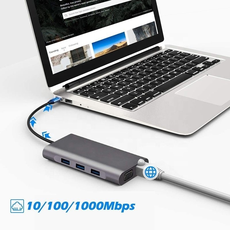 USB C Hub Type-C naar USB 3.0 HDMI VGA RJ45 Lan SD TF Audio USB Grey Multiport Adapter