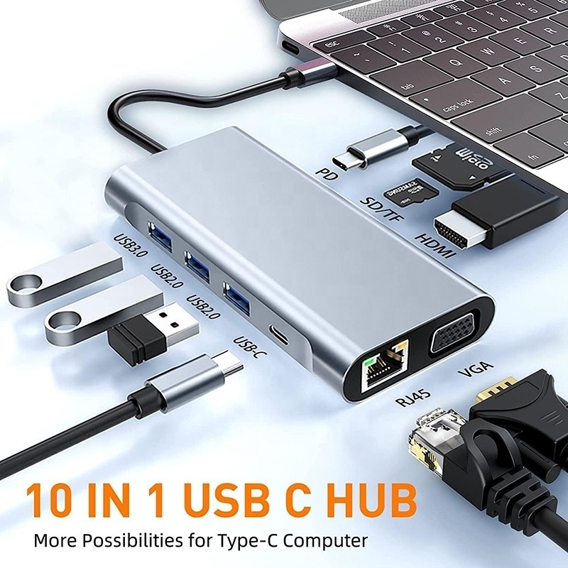 USB Type C 10 In 1 Docking Station met 4K HDTV VGA Lan RJ45 USB3.0 Card Reader PD