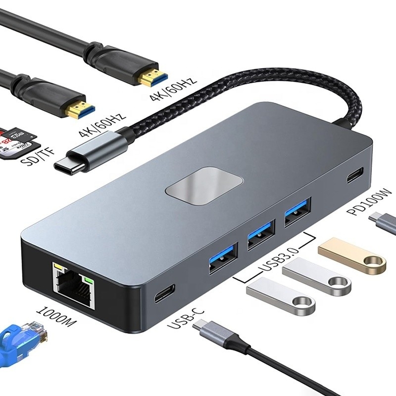 10 In 1 USB C Hub To Dual HDMI 4K 60Hz Adapter Dock met USB 3.0 Ethernet RJ45 1000Mbps