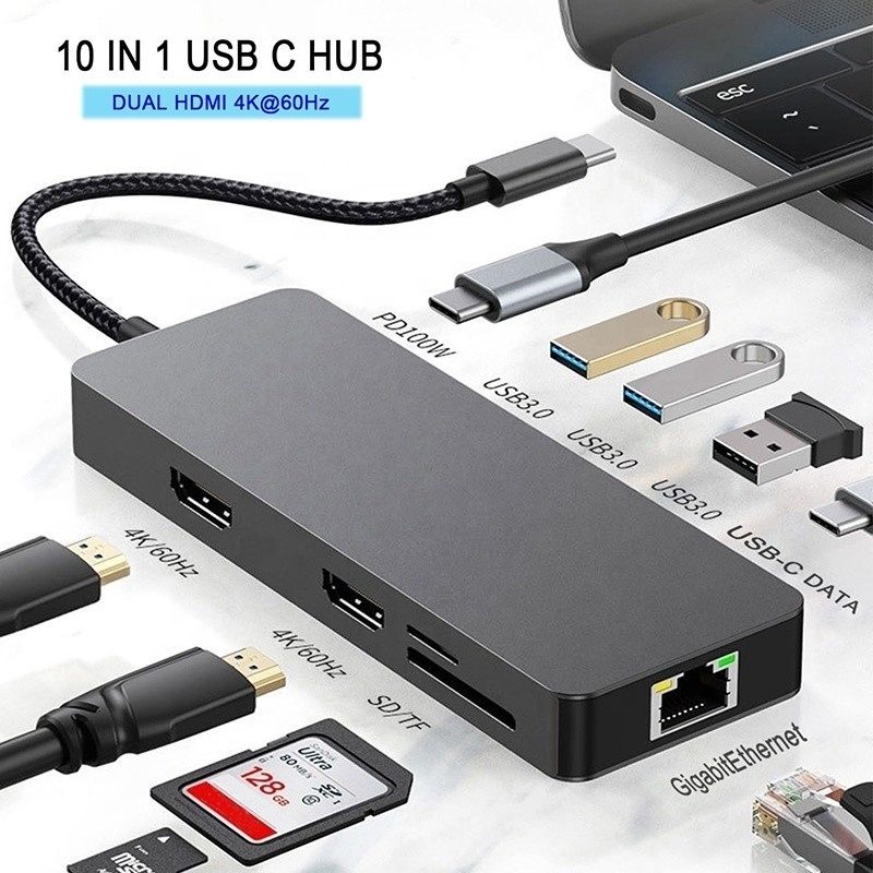 10 In 1 USB C Hub To Dual HDMI 4K 60Hz Adapter Dock met USB 3.0 Ethernet RJ45 1000Mbps