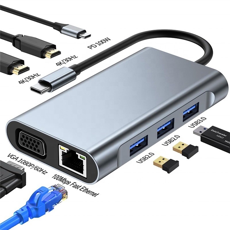Multi Function 8-In-1 USB-C USB C Docking Station met dubbele 4K HDMI en 2 HDMI poorten Grijz