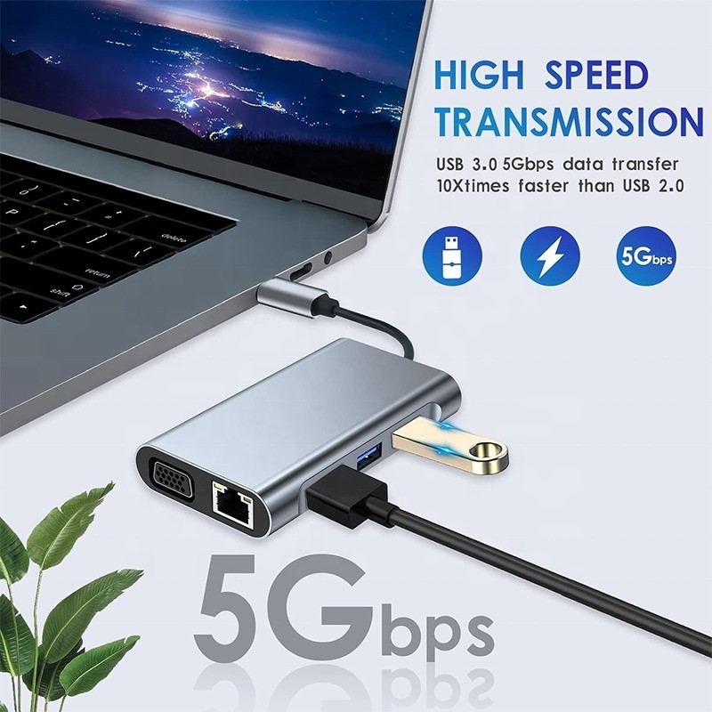 Multi Function 8-In-1 USB-C USB C Docking Station met dubbele 4K HDMI en 2 HDMI poorten Grijz