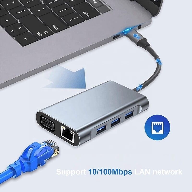 Multi Function 8-In-1 USB-C USB C Docking Station met dubbele 4K HDMI en 2 HDMI poorten Grijz