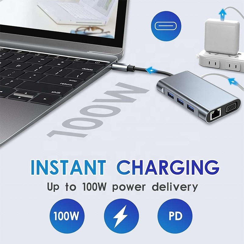 Multi Function 8-In-1 USB-C USB C Docking Station met dubbele 4K HDMI en 2 HDMI poorten Grijz