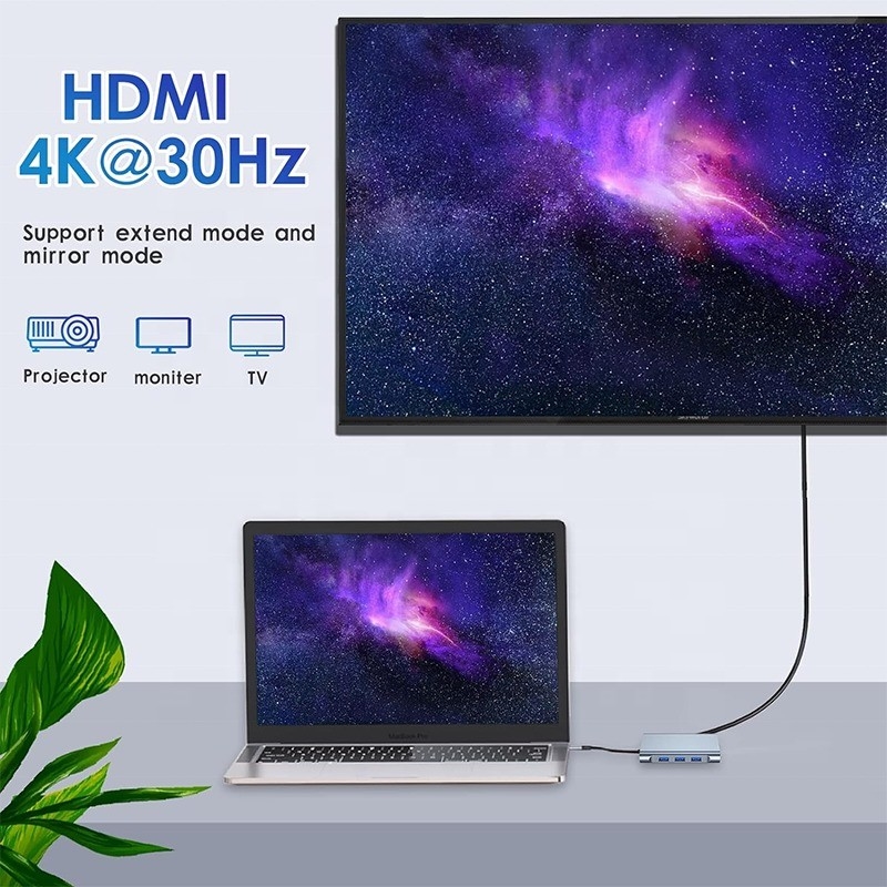 Multi Function 8-In-1 USB-C USB C Docking Station met dubbele 4K HDMI en 2 HDMI poorten Grijz