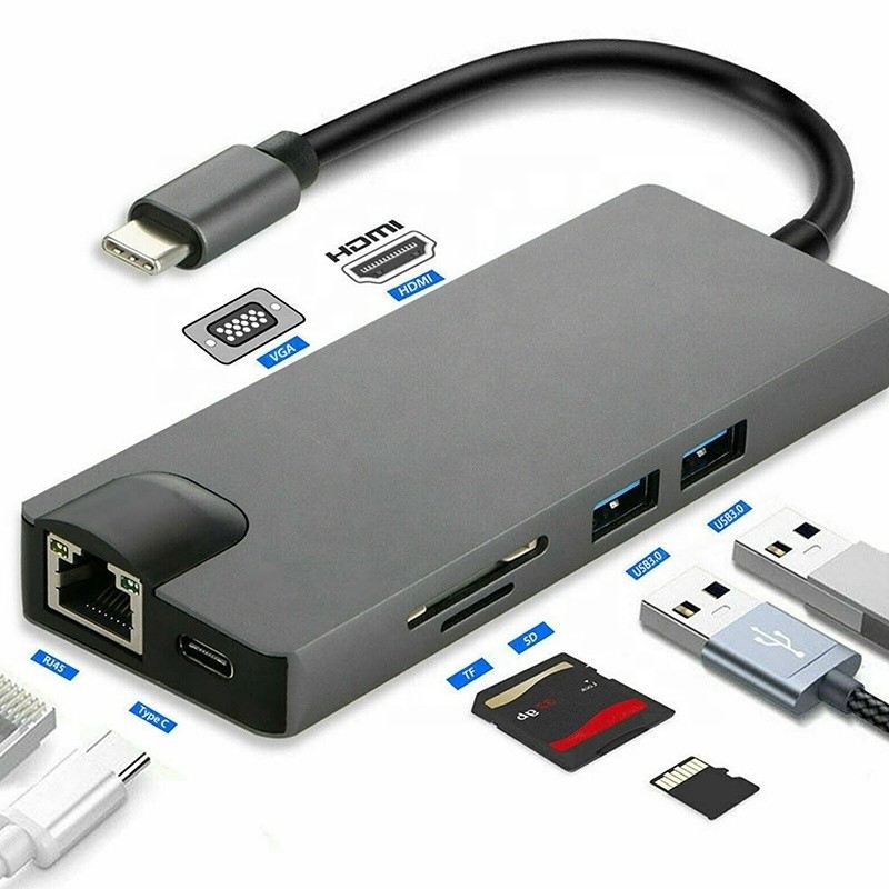 8-in-1 USB C Hub Type-C Type C 3.1 tot 4K HDMI HDTV RJ45 Lan Ethernet PD USB3.0 Adapter Hub