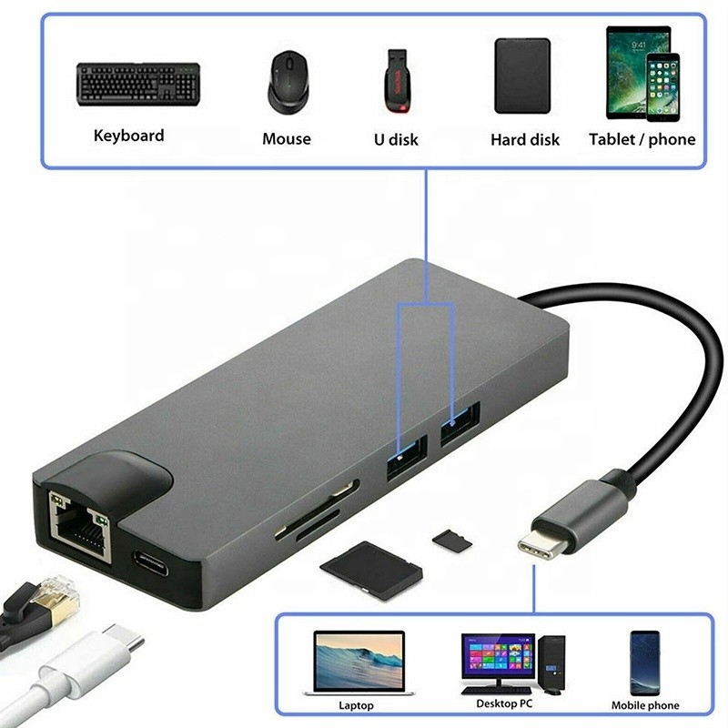 8-in-1 USB C Hub Type-C Type C 3.1 tot 4K HDMI HDTV RJ45 Lan Ethernet PD USB3.0 Adapter Hub