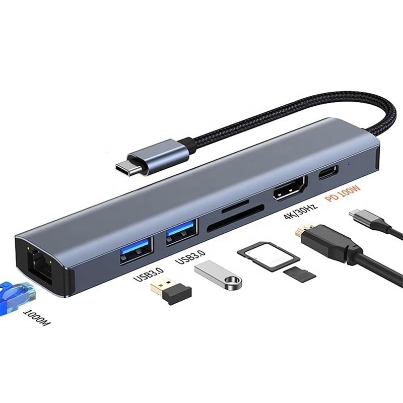 Grijze 7 In 1 USB C Type C Hub met 1000M RJ45 Gigabit Ethernet 4K HDMI PD 100W Adapter