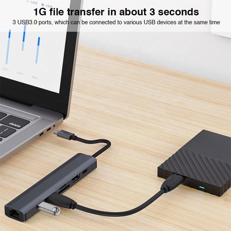 Grijze 7 In 1 USB C Type C Hub met 1000M RJ45 Gigabit Ethernet 4K HDMI PD 100W Adapter
